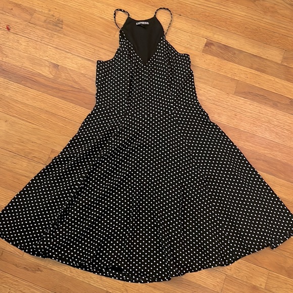 Express Chiffon Polka Dot Skater Lined Mini Dress Spaghetti Straps 0 - Picture 2 of 4